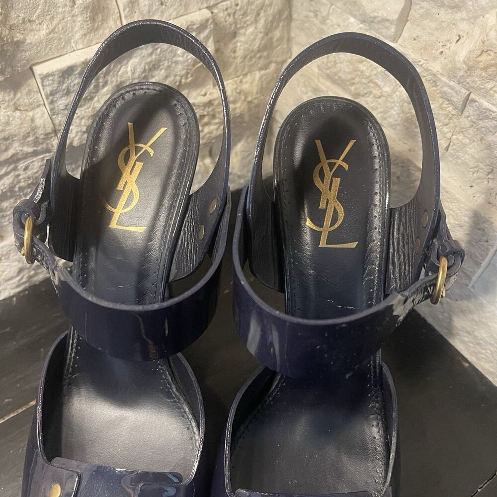 Yves Saint Laurent Navy Patent Leather Heels Open Toe Shoes Size 41 / Us 8.5
